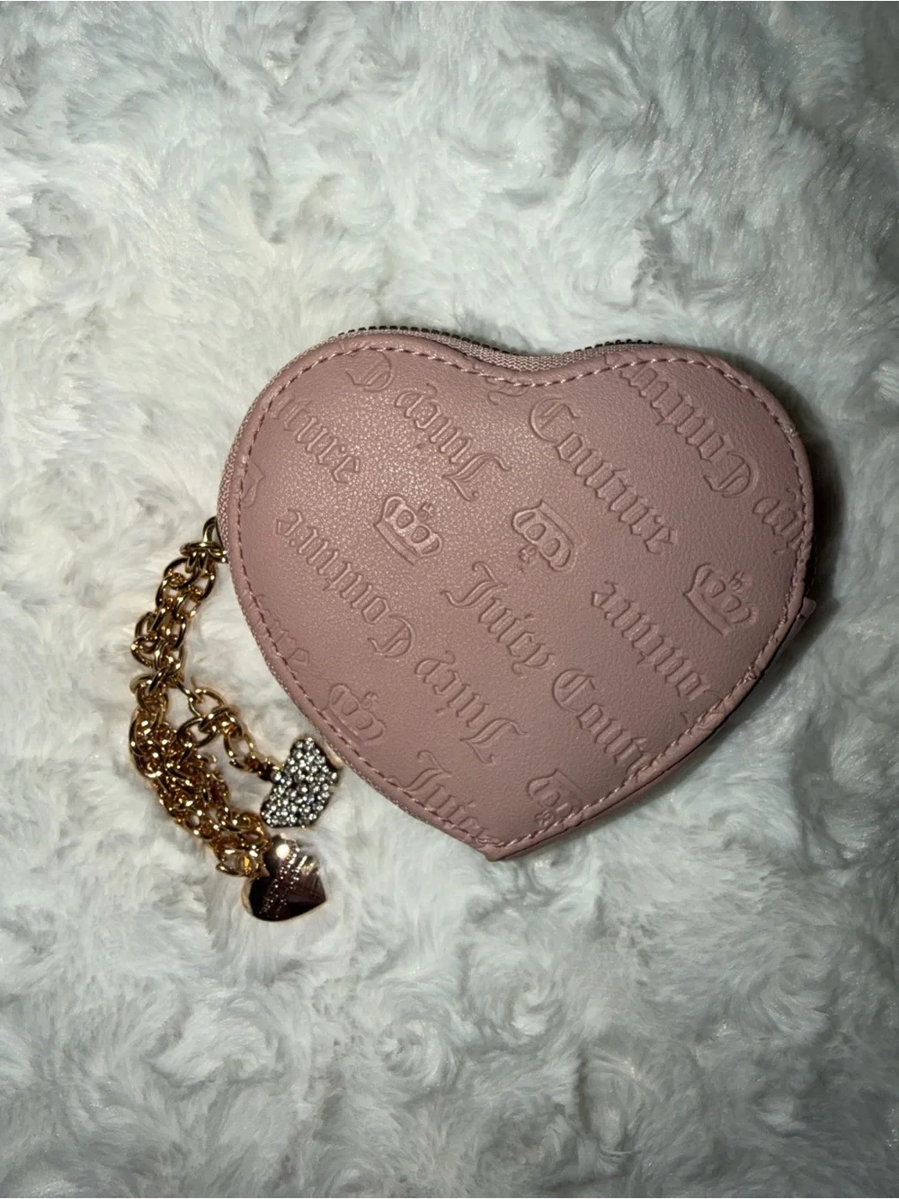 Juicy Couture Blush Pink Heart Coin Purse with Gold Charm Chain